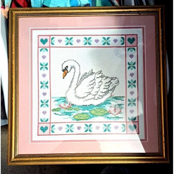 Cross Stitch Swan & Waterlilies Pink Mat Gold Tone Professionally Framed - Picture 1 of 5